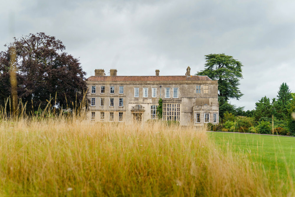 stately home wedding venue elmore court with long grasses and huge beech tree