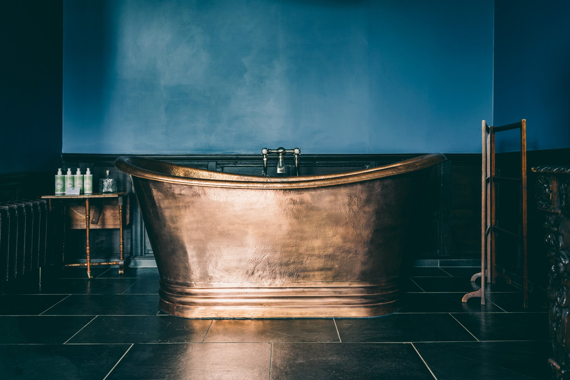 Copper bath in the oak bedroom at wedding venue elmore court