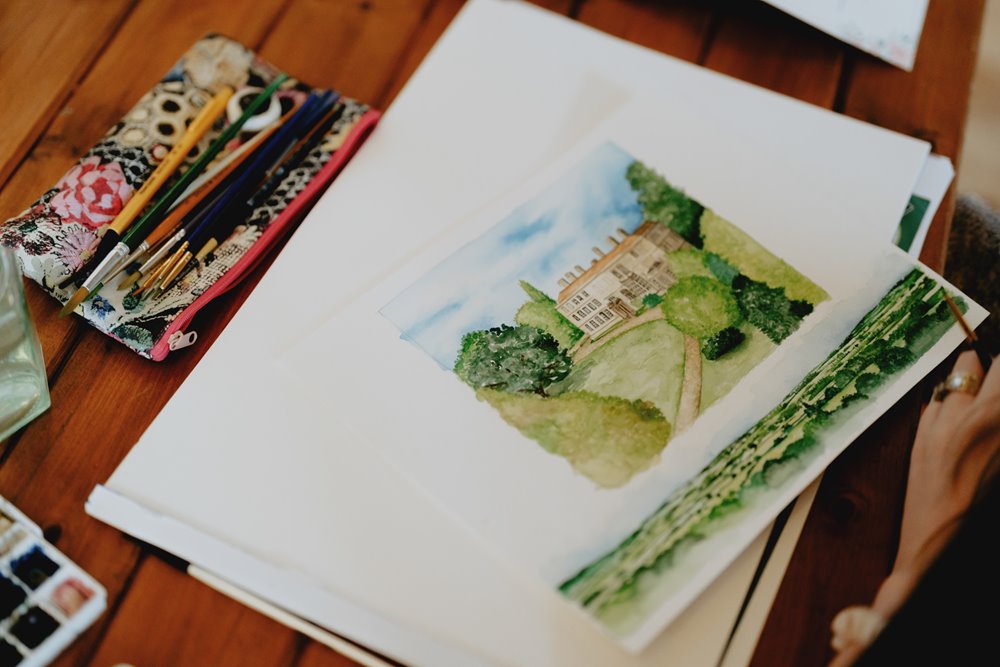 Watercolour painting of wedding venue elmore court in Gloucestershire by Emerald paper design